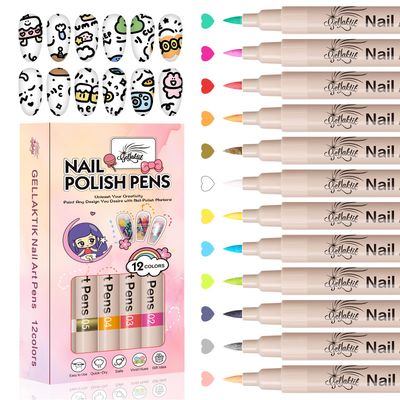 GELLAKTIK 12 Colors Nail Art Pens Set, 3D Nail Color Pens, Quick-Drying Acrylic Paint Markers, Dotting Liner Brush for DIY Nail Design, Home &amp; Salon Manicure Tools