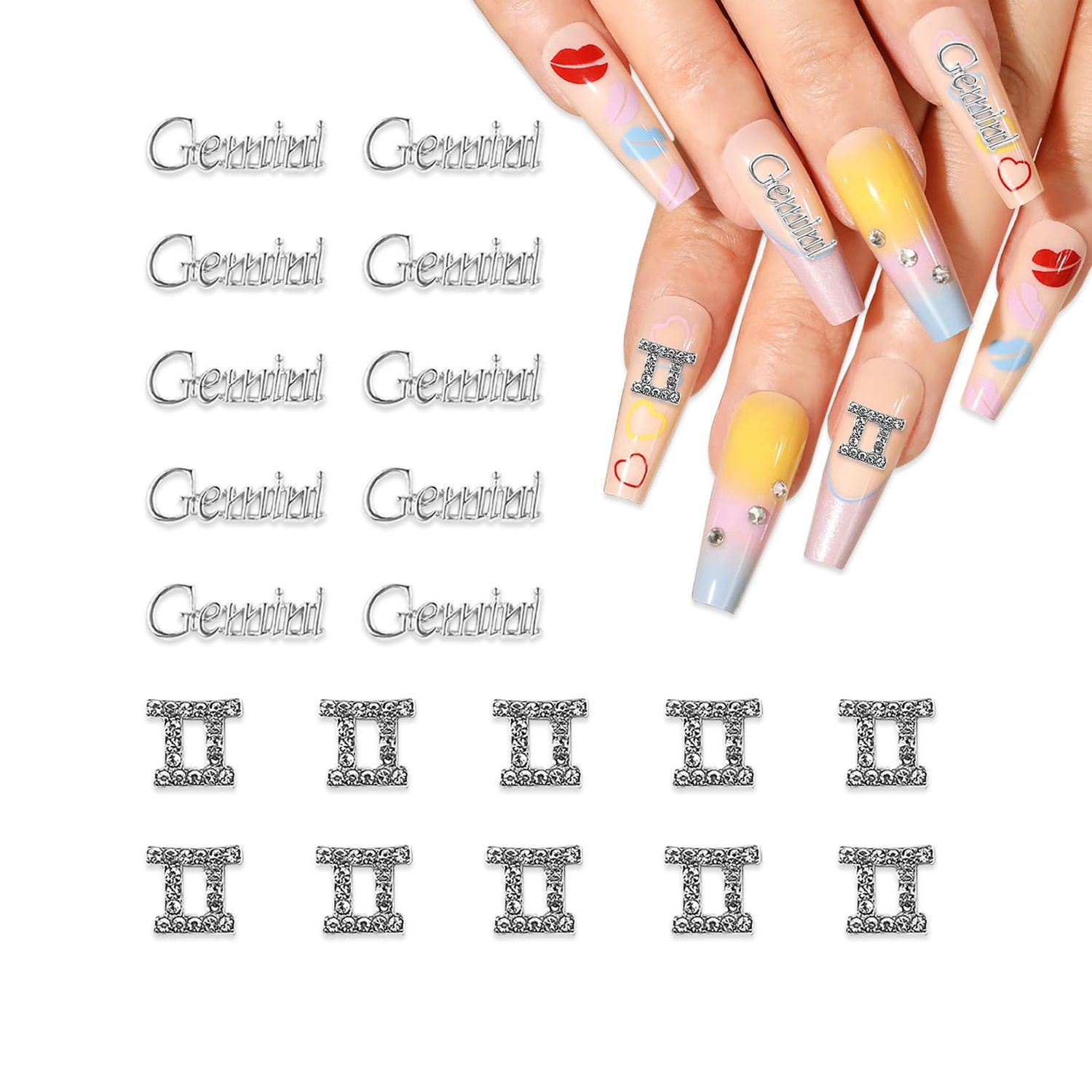 JERCLITY 20pcs Silver Alloy Gemini Zodiac Nail Charms 10pcs Gemini Sign Symbols Nail Charms 10pcs Gemini Constellation Words Nail Charms for NailsGemini Dates: May 21 to June 21, JSP401