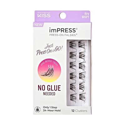KISS imPRESS Falsies Press On Self Adhesive Eyelashes, 12mm-14mm Natural Volume Press On Lashes, Black, No Glue Needed, Invisible Band, 12 Lash Clusters - Airy