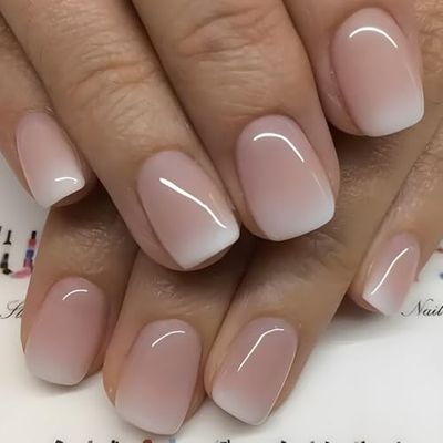 French Tip Press on Nails Short Square Fake Nails Pink White Gradient False Nails with Design Glossy Acrylic Artificial Nails Full Cover Stick on Nails for Women Girls DIY Manicure 24Pcs