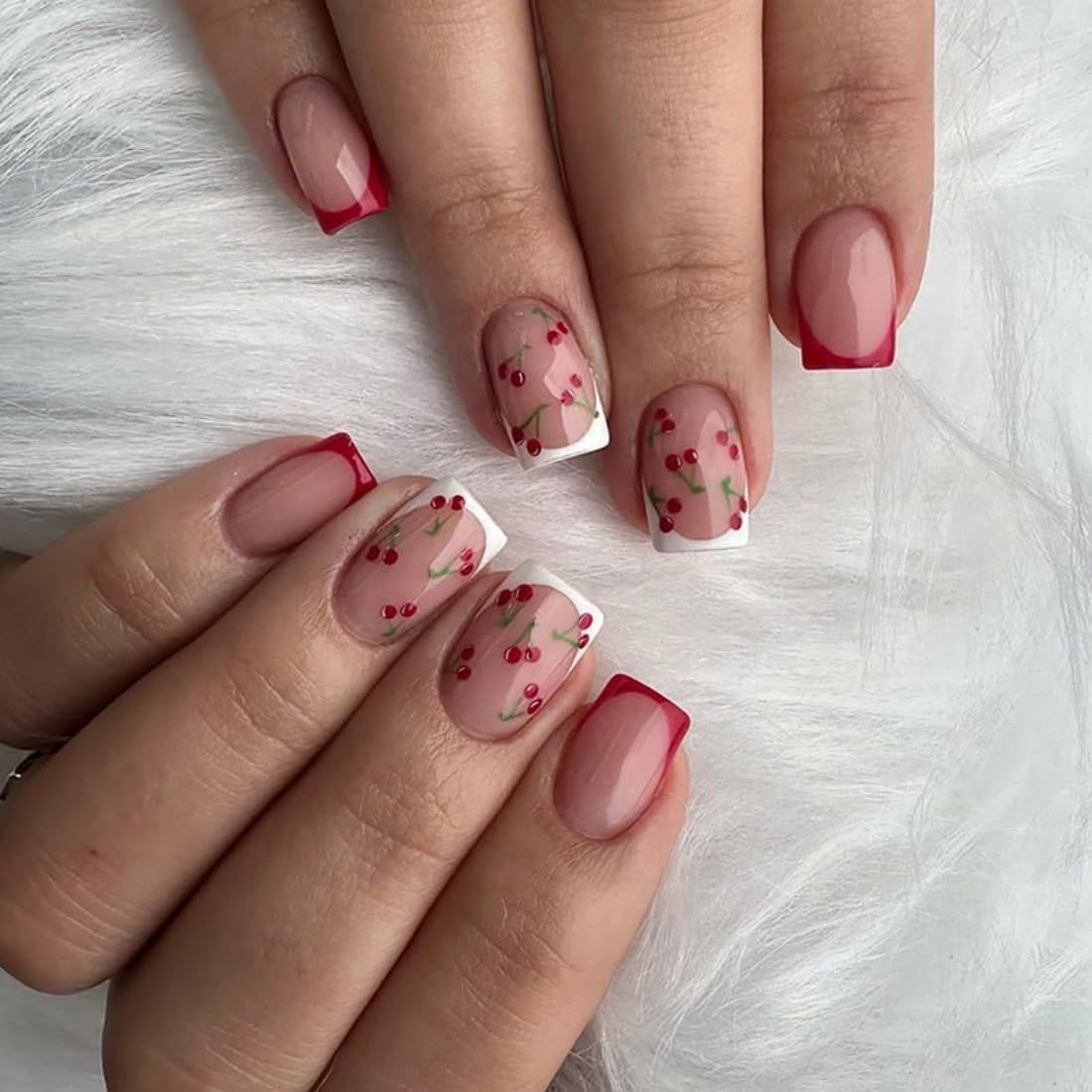 French Tips Press on Nails Pink Glossy Fake Cute Cherry Designs Short Square False Stick Full Cover Red White Nail Acrylic Art Kit for Women Manicure Decoration 24 Pcs