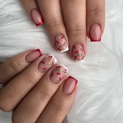 French Tips Press on Nails Pink Glossy Fake Cute Cherry Designs Short Square False Stick Full Cover Red White Nail Acrylic Art Kit for Women Manicure Decoration 24 Pcs