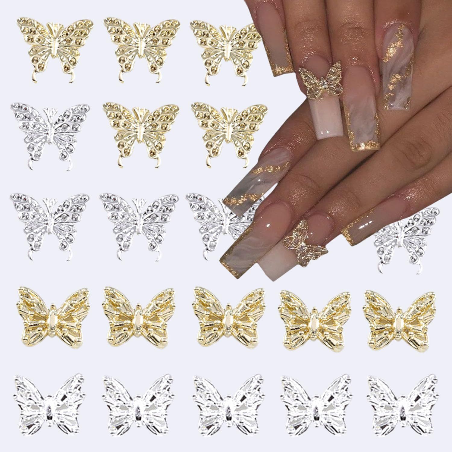 BYJKYEN 20Pcs Butterfly Nail Charms for Acrylic Nails 3D Crystal Art Gold Silver Butterflies Rhinestones Jewels Gems DIY Manicure Decoration