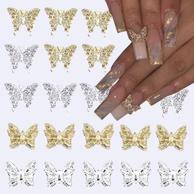 BYJKYEN 20Pcs Butterfly Nail Charms for Acrylic Nails 3D Crystal Art Gold Silver Butterflies Rhinestones Jewels Gems DIY Manicure Decoration