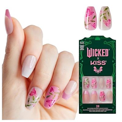 WICKED X KISS Press On Nails, So Popular, Pink, Medium Coffin, Waterproof, Chip Proof, Smudge Proof, 28 Fake Nails, Pink Gel Nail Glue (2g), Mini Nail File, &amp; Manicure Stick