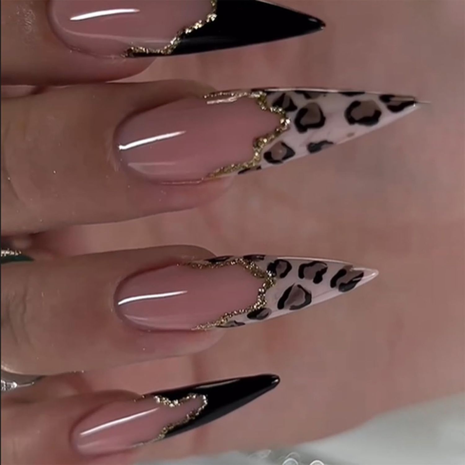 IMRAIN Press on Nails Long Stiletto Fake Nails Black Leopard Print French Nails Tips Full Cover Glossy Nude Glue on Nails Acrylic Almond False Nails for Women Girls 24Pcs Stick on Nails