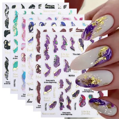 KRTBKR 6 Sheets Marble Nail Stickers 3D Bronzing Gold Marble Nail Art Stickers Blooming Nail Decals Watercolor Smudge Nail Sticker Self-Adhesive Foil Stickers for Women Girls Acrylic Nail Decorations