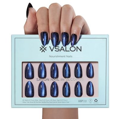 VSALON Press on Nails Short Almond - Blue Cat Eye Chrome Glue On Nails Kit for Women, Reusable Opaque Gel Stick on Nails with Glue &amp; Cuticle Oil - 32 PCS Fake Nails in 16 Sizes (Tear Of The Sea)