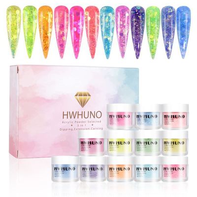 HWHUNO 12 Colors Mermaid Hexagon Chunky Glitter Acrylic Powder Set for Nail Extension, Carving &amp; Dipping 3 in 1 Professional Polymer Nail Powder with Glitter, No Nail Lamp Needed
