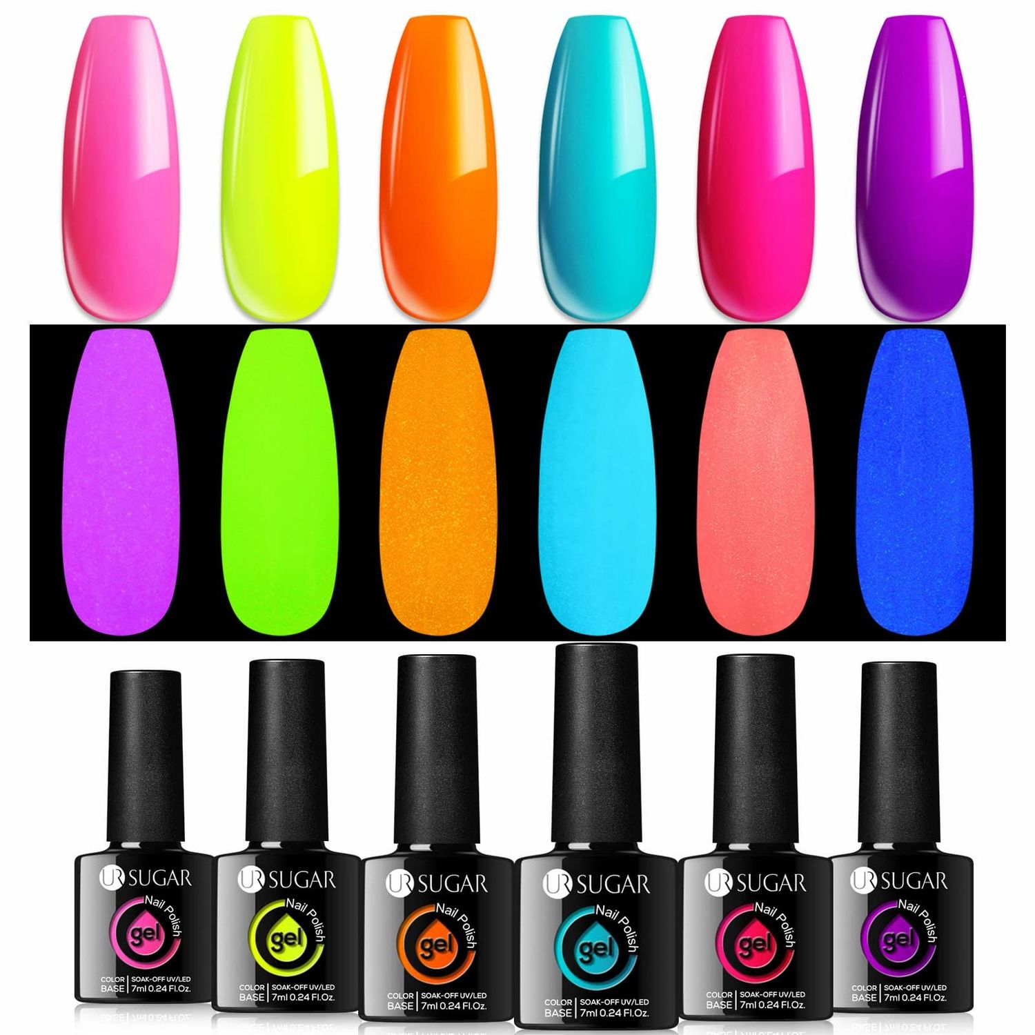 UR SUGAR Glow in the Dark Gel Nail Polish Set, Halloween Neon Hot Pink Yellow Orange Bright Luminous Gel Polish Set Fluorescent 6 Colors Glow in Dark Effect Soak Off Nail Polish Kit for Party Nails