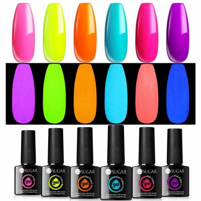 UR SUGAR Glow in the Dark Gel Nail Polish Set, Halloween Neon Hot Pink Yellow Orange Bright Luminous Gel Polish Set Fluorescent 6 Colors Glow in Dark Effect Soak Off Nail Polish Kit for Party Nails