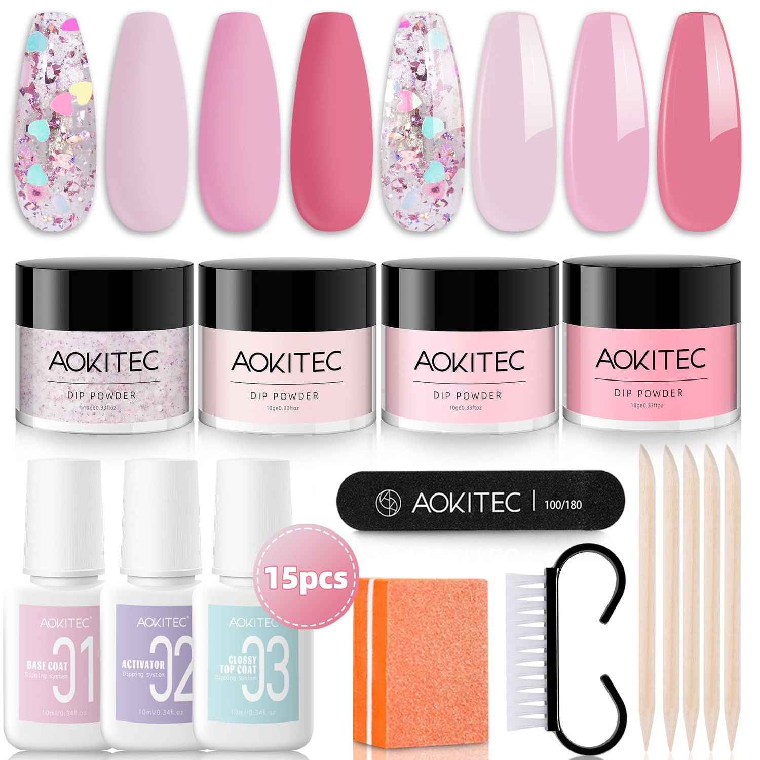 Aokitec Nail Kit - 4 Color Dip Powder Set with Base Activator, Top Coat for French Nail Art DIY Gifts