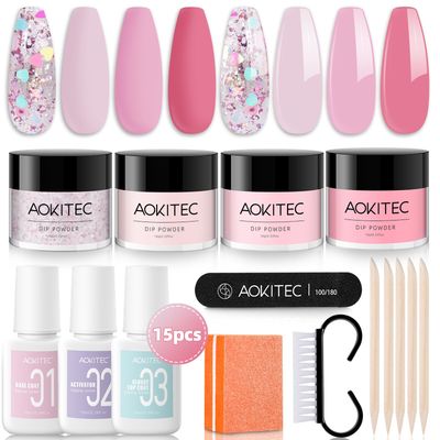 Aokitec Nail Kit - 4 Color Dip Powder Set with Base Activator, Top Coat for French Nail Art DIY Gifts