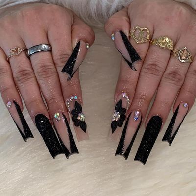 MISUD Press On Nails - Long Square Glossy Glue On Nails with Bling Black Glitter French Tip Acrylic Flower Rhinestone Design, 24 pcs