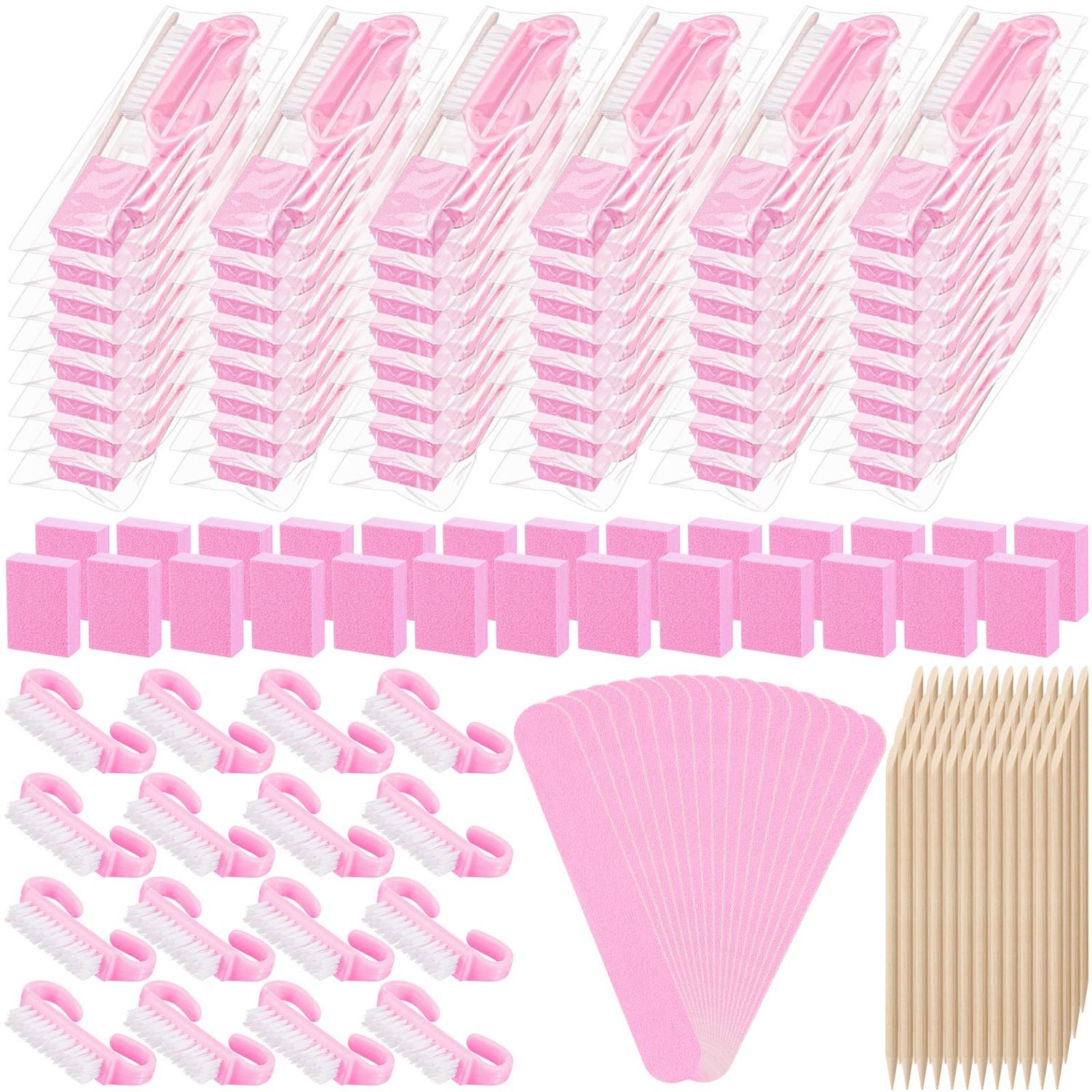 Leriton 100 Sets Professional Disposable Manicure Kit Basics 4 Piece Nail Kit Wood Nail File 100/180 Grit, Mini Buffer 80/100 Grit, Wood Stick and Handle Grip Brush Gifts(Pink)