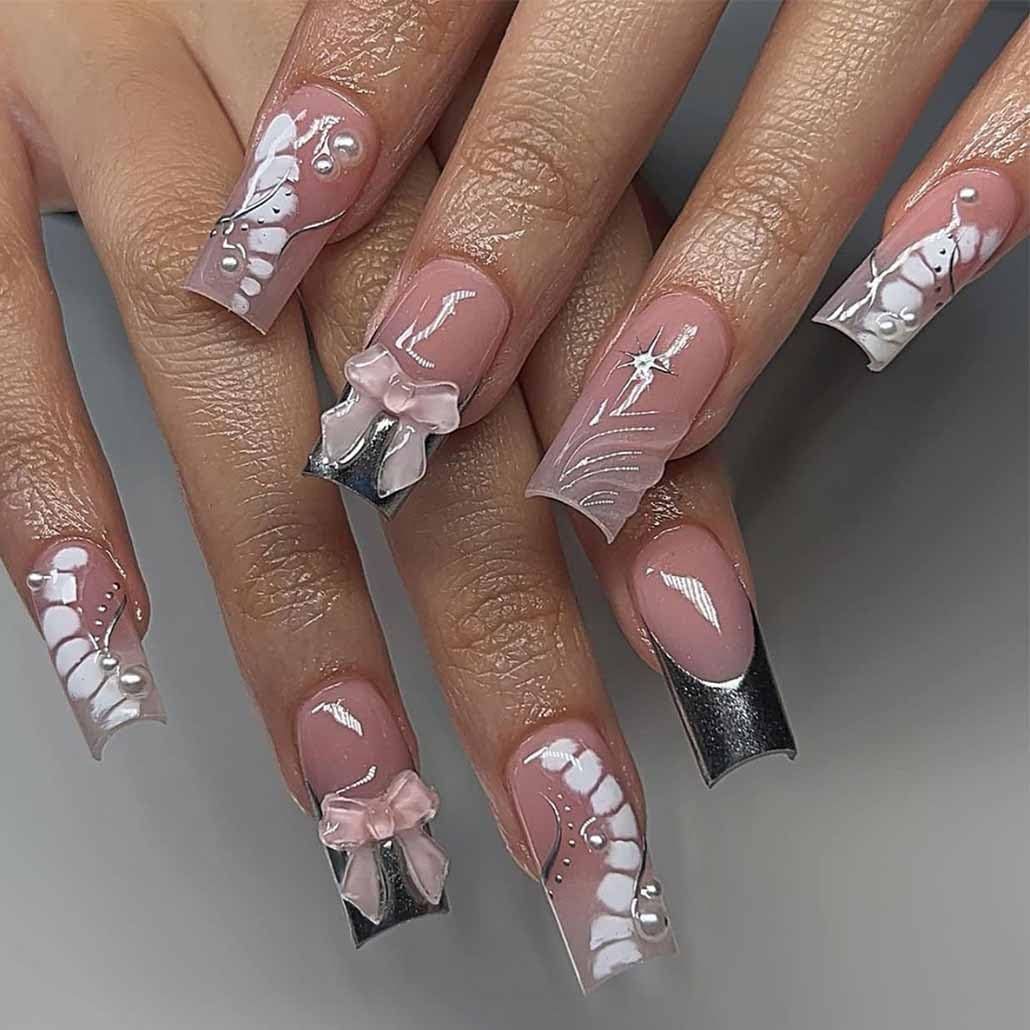 Foccna French Press on Nails Pink Medium Long Rhinestone Fake Nails Square Pearl Bling Glossy 3D False Nail Tips Silver Artificial Nails Finger Manicure for Women and Girls-24pcs