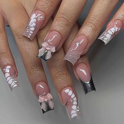 Foccna French Press on Nails Pink Medium Long Rhinestone Fake Nails Square Pearl Bling Glossy 3D False Nail Tips Silver Artificial Nails Finger Manicure for Women and Girls-24pcs