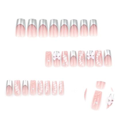 Foccna French Press on Nails Pink Medium Long Rhinestone Fake Nails Square Pearl Bling Glossy 3D False Nail Tips Silver Artificial Nails Finger Manicure for Women and Girls-24pcs