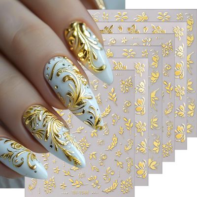 6 Sheets Flower Nail Art Stickers Decals Gold Floral Nail Decals 3D Self Adhesive Nail Supplies Spring Summer Nail Stickers Flowers Nail Art Design Decals for Women Girls DIY Nails Accessories