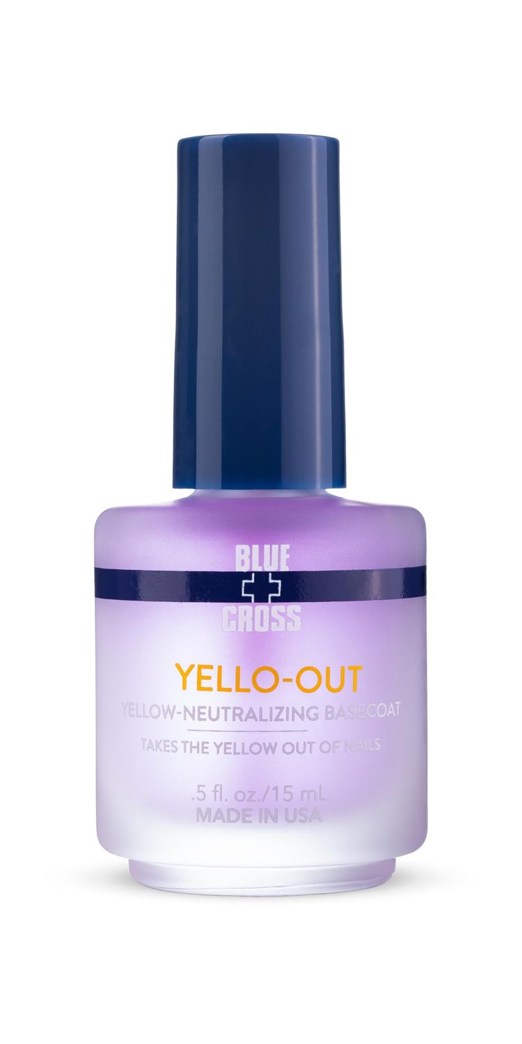 Blue Cross Yello Out, Yellow-Neutralizing Basecoat, Purple Toner for Yellow Nails Fingernail Polish Color Enhancer, Professional Nail Care, Made in USA, 15mL/0.5fl oz