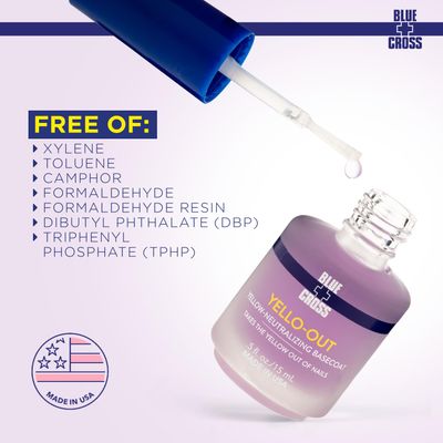Blue Cross Yello Out, Yellow-Neutralizing Basecoat, Purple Toner for Yellow Nails Fingernail Polish Color Enhancer, Professional Nail Care, Made in USA, 15mL/0.5fl oz