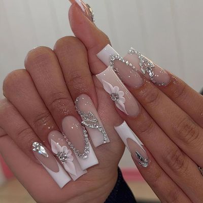 ROFIBUT French Tip Press on Nails Long Square Fake Nails Glossy Nude False Nails with 3D Rhinestones Design White French Tip Glue on Nails Flower Butterfly Nail Charms for Women Girls Nail Decor 24Pcs