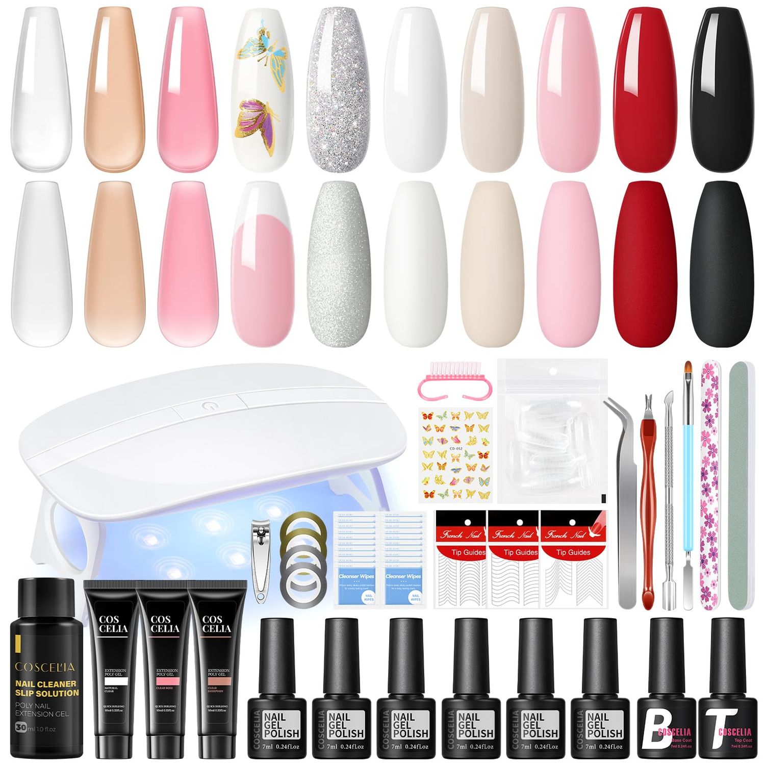 COSCELIA Gel Nail Polish Kit with U V Light Starter Kit 6 Colors Gel Polishes 3PC Poly Extension Glitter White Nude Brown Clear Base Top coat Manicure Tools for Women Salon DIY Home