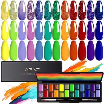 ABAC 24 Color Solid Gel Polish Kit - Rainbow Holographic Shades Sunshine Yellow/Lavender/Ocean Blue Hema-Free,Double Brush &amp; LED Curing for Everyday Wear,Party Nails Pro Salon DIY Set