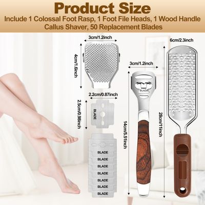 53pcs Foot File Callus Remover,Stainless Steel Large Foot Rasp Foot Scrubber & Foot Care Pedicure Callus Shaver(50 Replacement Blades & 1 Foot File Head),Foot Grater Foot Scraper for Wet and Dry Feet