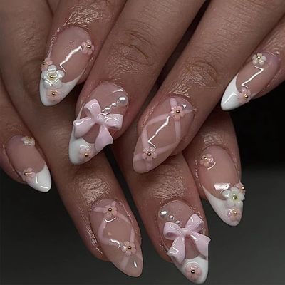 Almond French Tip Press on Nails Medium Fake Nails with Bow Charm Designs Cute Pink False Nail Pearl Flower Designs Full Cover Glue on Nails Press ons for Finger Manicure, 24Pcs