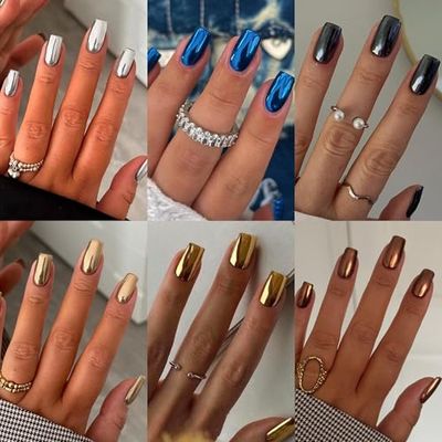 6 Packs Chrome Press On Nails Short Medium, KQueenest Acrylic Press On Nails Square, Short Fake Nails Press Ons, Metallic Glitter Glue on Nails Stick On Nails for Women Party Wear in 144 Pcs