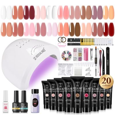 ROSALIND Poly Nail Gel Kit -20 Colors 72Nail Art Accessories Kit, Nude Clear Poly Nail Gel Nail Kit Starter Kit with Big U V Lamp Slip Solution for Pink Nail Extensions Gel Dual Forms Nail Brush