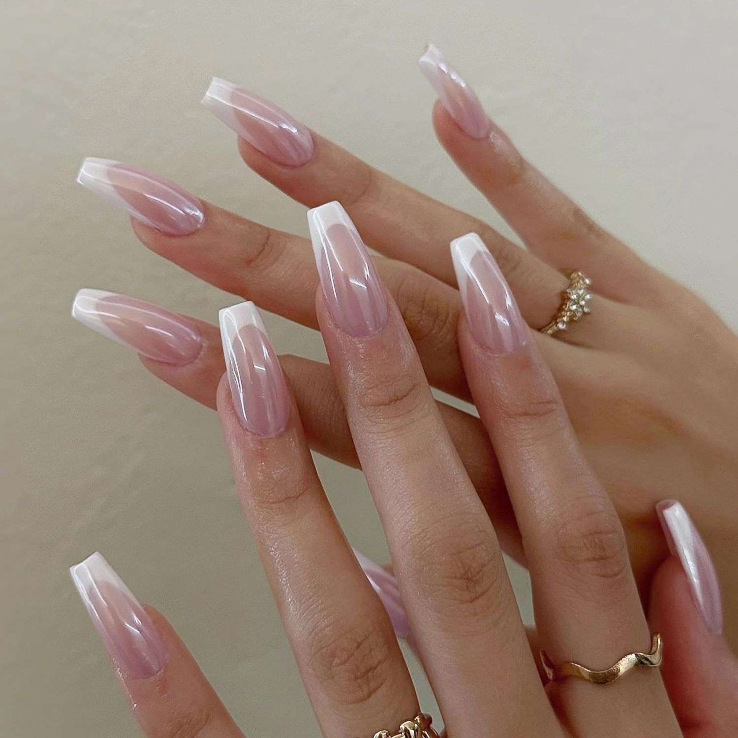 Qsnidy Pearlescent Press on Nails Medium, Glazed White French Fake Nails Coffin Chrome Acrylic Press Ons for Women, Natural Fit Full Cover Glue on Nails in 12 Sizes - 24 Pieces Nail Kit