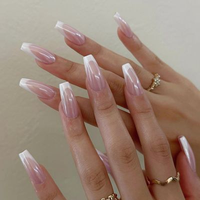 Qsnidy Pearlescent Press on Nails Medium, Glazed White French Fake Nails Coffin Chrome Acrylic Press Ons for Women, Natural Fit Full Cover Glue on Nails in 12 Sizes - 24 Pieces Nail Kit