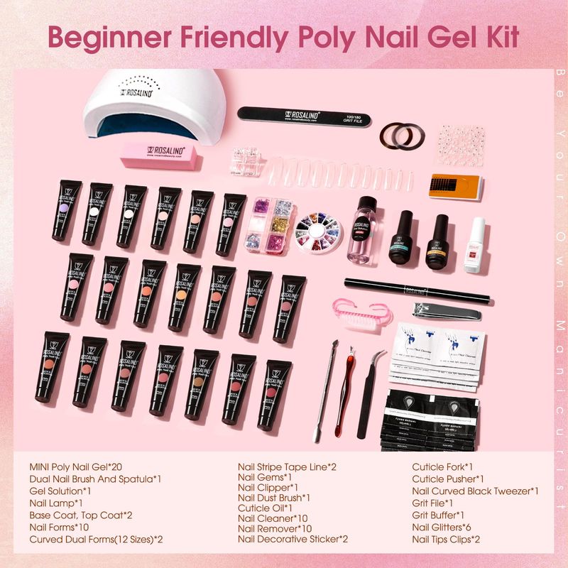 ROSALIND Poly Nail Gel Kit -20 Colors 72Nail Art Accessories Kit, Nude Clear Poly Nail Gel Nail Kit Starter Kit with Big U V Lamp Slip Solution for Pink Nail Extensions Gel Dual Forms Nail Brush