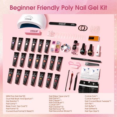 ROSALIND Poly Nail Gel Kit -20 Colors 72Nail Art Accessories Kit, Nude Clear Poly Nail Gel Nail Kit Starter Kit with Big U V Lamp Slip Solution for Pink Nail Extensions Gel Dual Forms Nail Brush