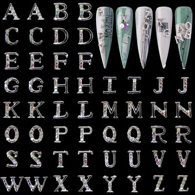 Letters Nail Charms for Acrylic Nails52PCS Sliver Letters Nail Rhinestones Decoration,Nail Jewels Y2K Cute Accessories for Nail Art Supplies Manicure Craft DIY BBATT-HAPPY