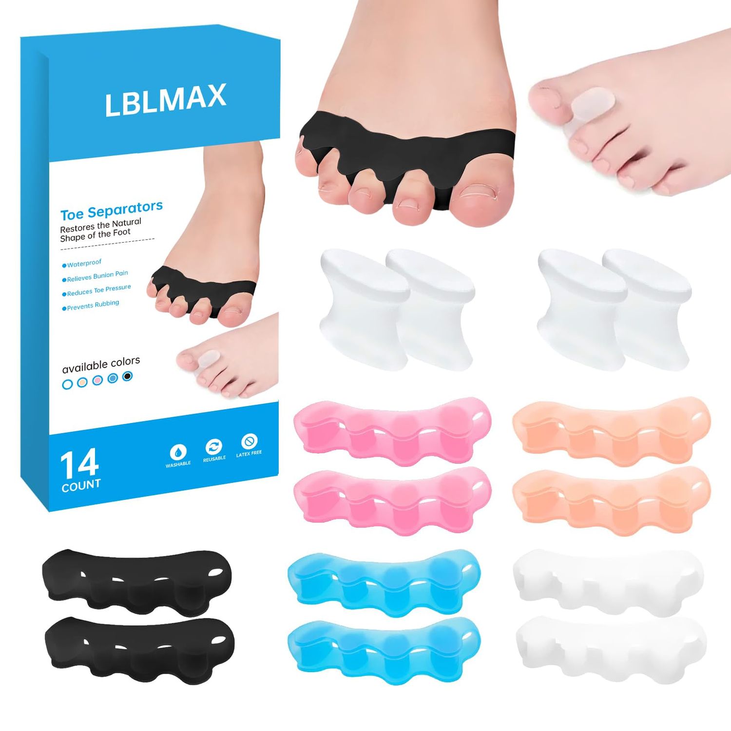 LBLMAX 14 Pcs Toe Separators- Bunion Pads -Toe Cushions for Preventing Rubbing &amp; Relieve Pressure with 5 Colors
