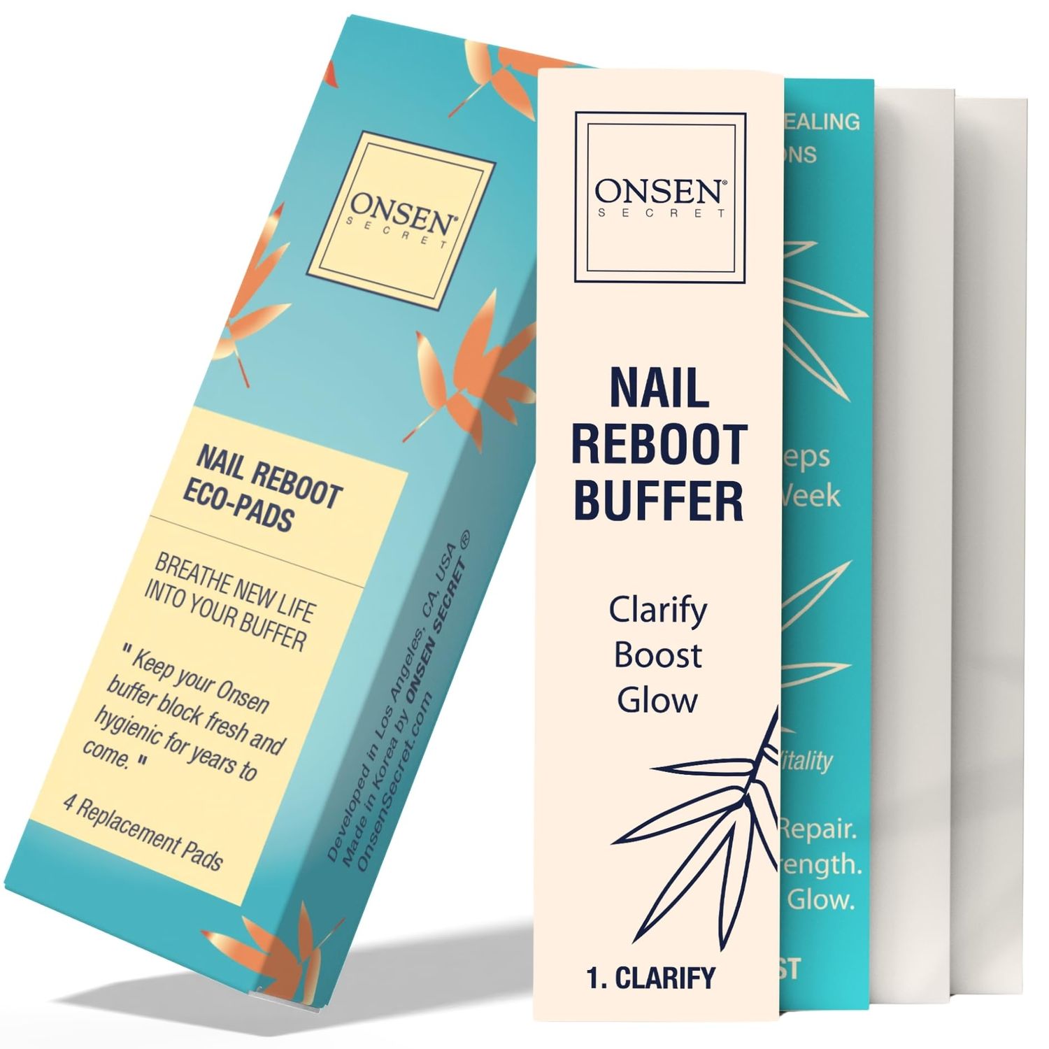 Onsen Nail Buffer Block Replacement Pads - 3 Way Buffing Smooth Shine Natural Nail Polisher with 3 Sides Coarse Soft Silky for Professional Nail Care, Nail Buffer Replacement Pads, 4x Combo Pads, 1pk