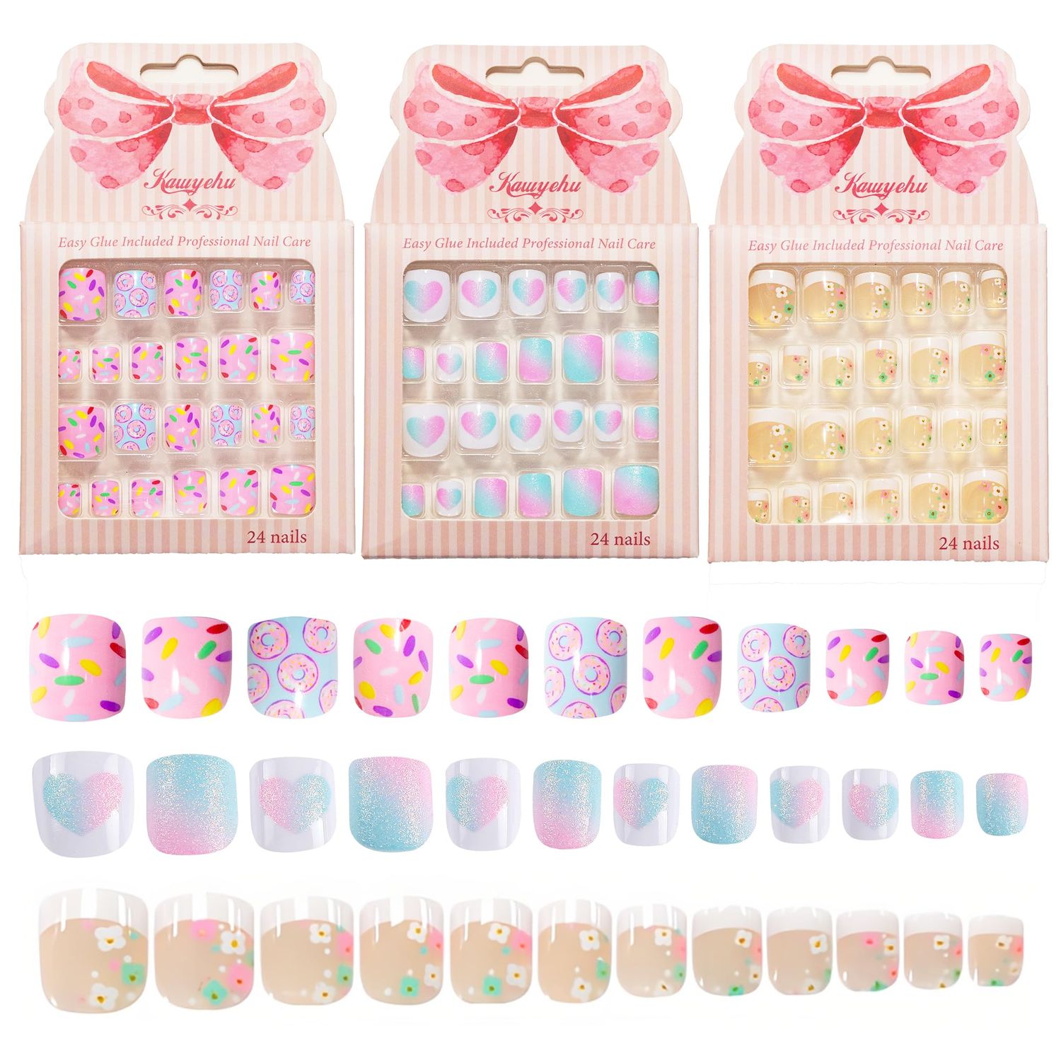Kawyehu Kids Press on Nails Children Fake Nails 72PCS Artificial Nail Tips Adhesive Full Cover Short False Fingernails for Girls Kids Nail Decoration (French Donut Heart)