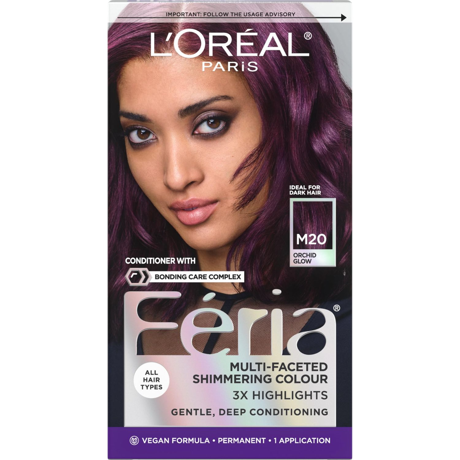 LOreal Paris Feria Midnight Bold Multi-Faceted Permanent Hair Dye, One-Step Hair Color Kit for Dark Hair, No Bleach Required, Orchid Glow