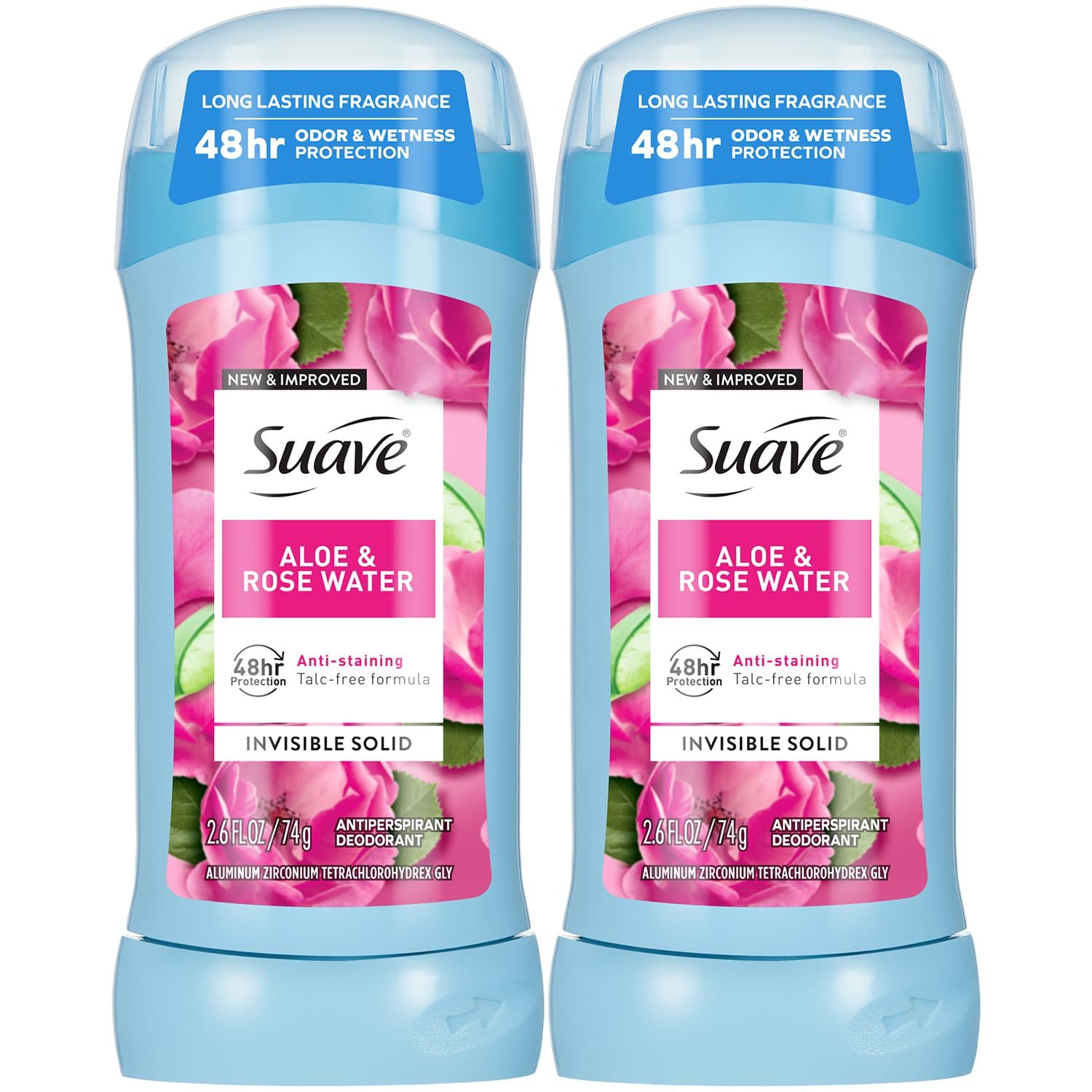 Suave Antiperspirant Deodorant for Women, Aloe &amp; Rosewater 2-Pack - Anti-Staining Invisible Solid, Talc-Free, 2.6 Oz Ea