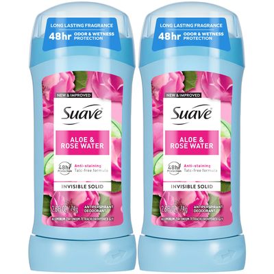 Suave Antiperspirant Deodorant for Women, Aloe &amp; Rosewater 2-Pack - Anti-Staining Invisible Solid, Talc-Free, 2.6 Oz Ea