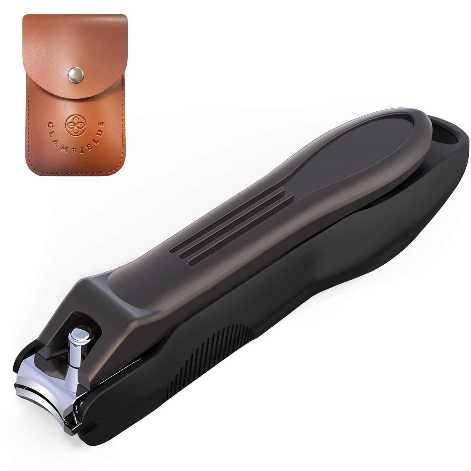 GLAMFIELDS Nail Clippers with No Splash Storage Box, Large Fingernail Toenail Clipper Detachable Easy Clean Nail Cutter Trimmer with Nail Files for Men &amp; Women, Leather Case Packed(Black -1Pack)
