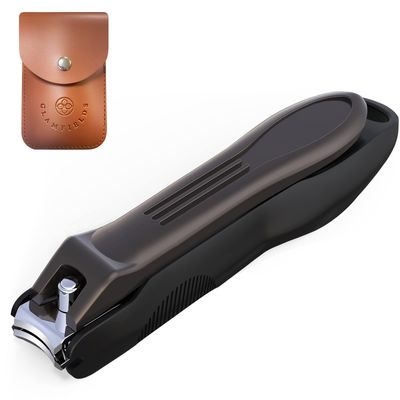GLAMFIELDS Nail Clippers with No Splash Storage Box, Large Fingernail Toenail Clipper Detachable Easy Clean Nail Cutter Trimmer with Nail Files for Men &amp; Women, Leather Case Packed(Black -1Pack)