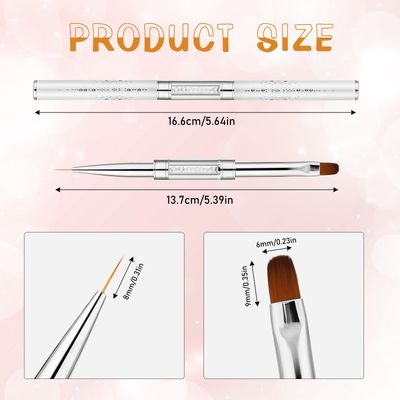 2Pcs Double Ended Nail Art Brushes Hard Gel Nail Brush Builder Gel Brush Oval Gel Nail Brushes Nail Liner Brush Rhinestone Handle French Tip Nail Gel Liner Brush Nail Drawing Brushes for Design Nail