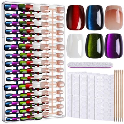 FANDAMEI Press On Nails, 6 Colors Cat Eye Press On Nails Short, Natural Fake Nails Glossy French Tip, Cat Eye Nails for Women Salon Quality, Christmas Iridescent Press on Nails Kit