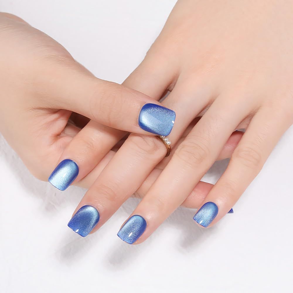 Stbisen Blue Press on Nails Short Square, Cat Eye Press on Nails, Fashion Gel Fake Nails, Reusable Acrylic Fake Nails, Glossy Stick on Nails for Women Girls Gift, Glue on Nails Kit, Ice Blue