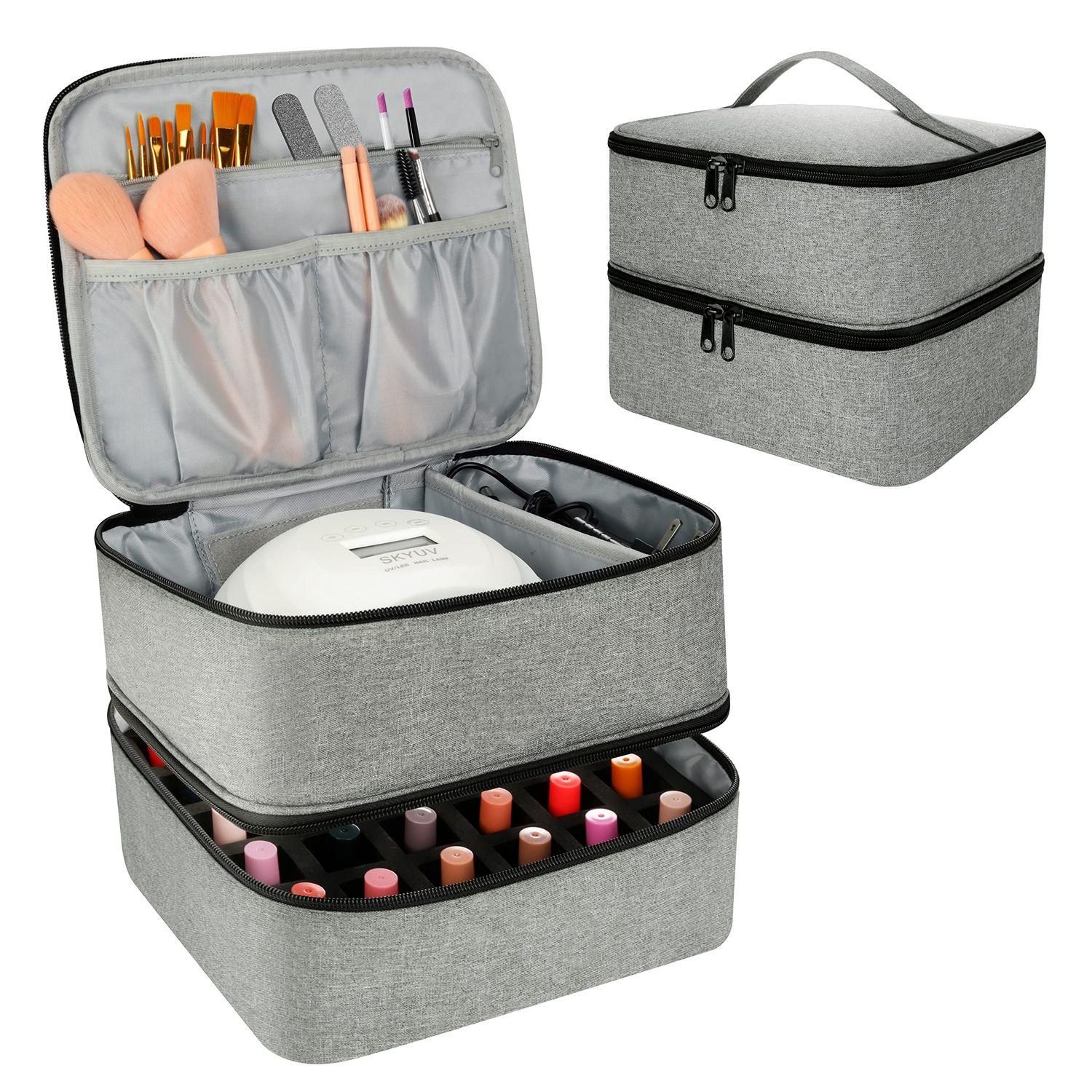 LIVEBAY Nail Polish Organizer Bag, Double-Layer Nail Supplies Organizer Holds 30 Bottles &amp; Nail Lamp, Professional Nail Kit Storage Carrying Case (Gray)