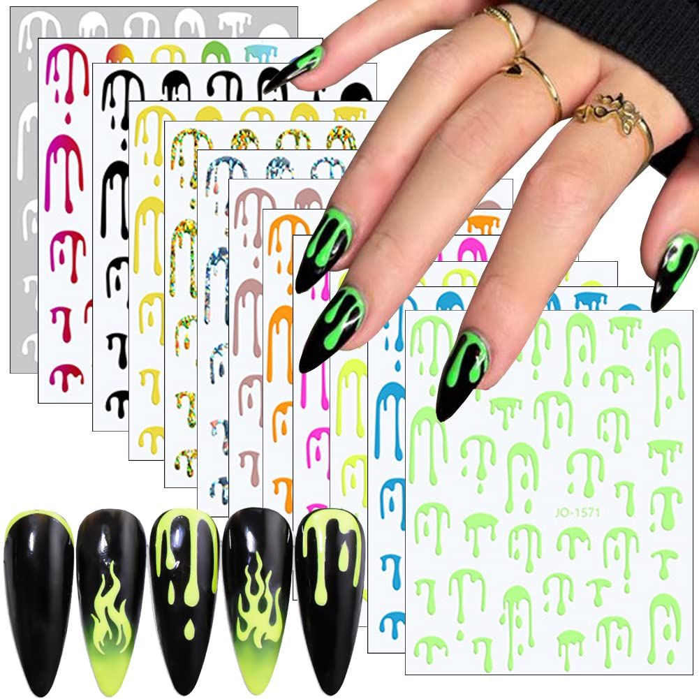 12 Sheets Halloween Nail Art Stickers - Bloody Decals, 3D Self-Adhesive Supplies, Gold Water Drop Fluorescence Designs for Party Decoration